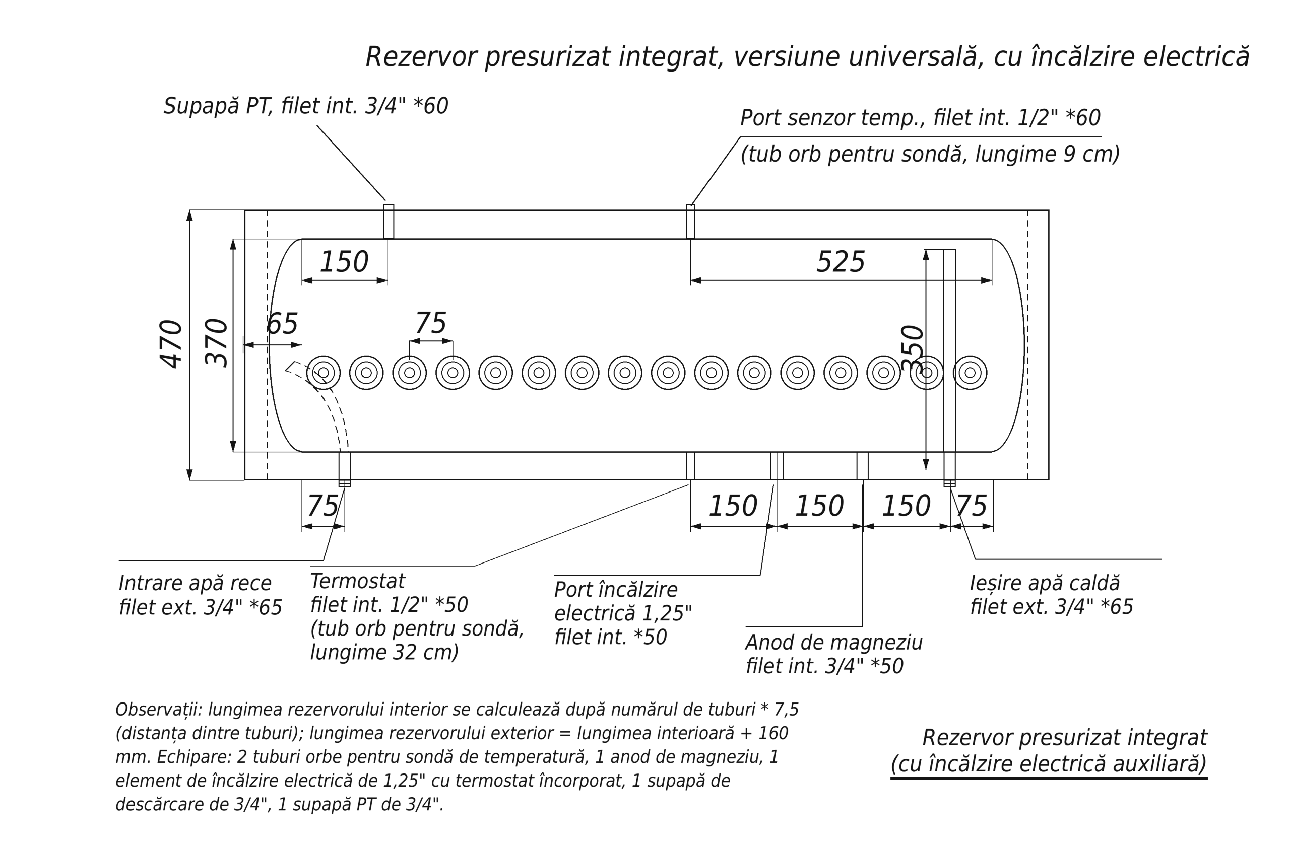 Boiler orizontal presurizat cu tuburi vidate, inox 316L, cu încălzire electrică auxiliară Boiler orizontal presurizat cu tuburi vidate, inox 316L, cu încălzire electrică auxiliară